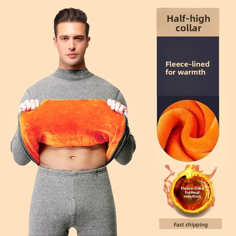Men's Thermal Underwear Fleece Lined Thickened mid High Collar Top Self Heating Home Clothes Polyester Fiber Warmth Daily Wear - 2