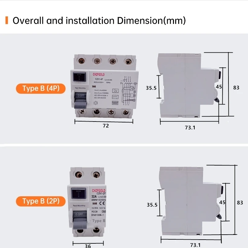 residual evse 2p 4p ac 40a 63a 100a 30ma ekl6 100b 10ka 220v 05
