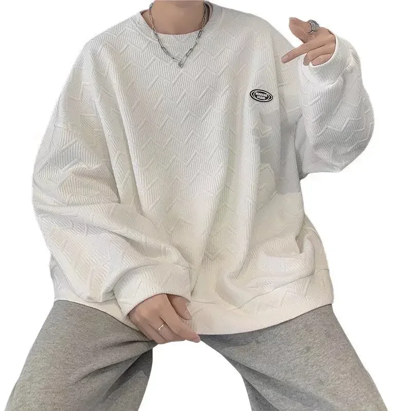 O Neck Sweatshirt Mens Casual Shirt Waffle Hoodie Long Sleeve Hoodless Pullover Man Loose Shirt Solid Sweatshirt Streetwear