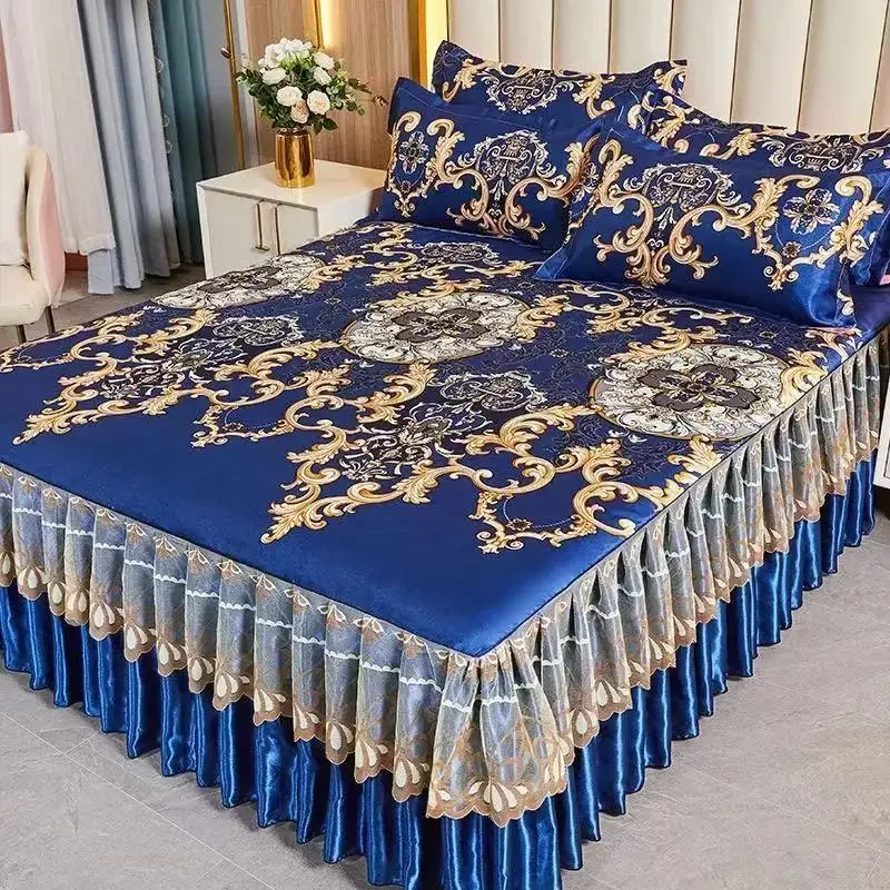 3Pcs/Lot Double Bed Sheet Set Classic Lace Royal Blue Bed Sheet Bed Skirt, Machine Washable Wedding Bedspread Mattress Cover