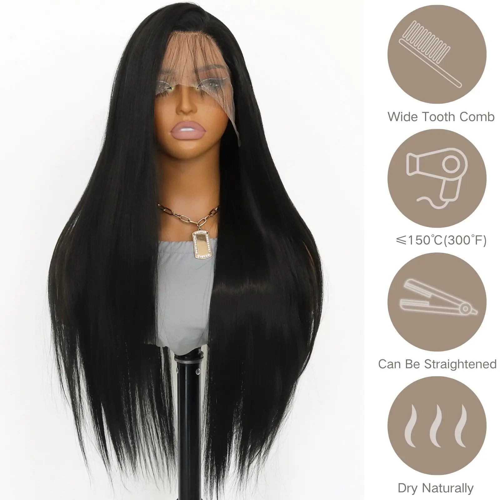 Long Straight Lace Front Wigs Natural Black Straight 13×4 Lace Front Synthetic Wig Pre Plucked Natural Hairline Wig (24Inch)