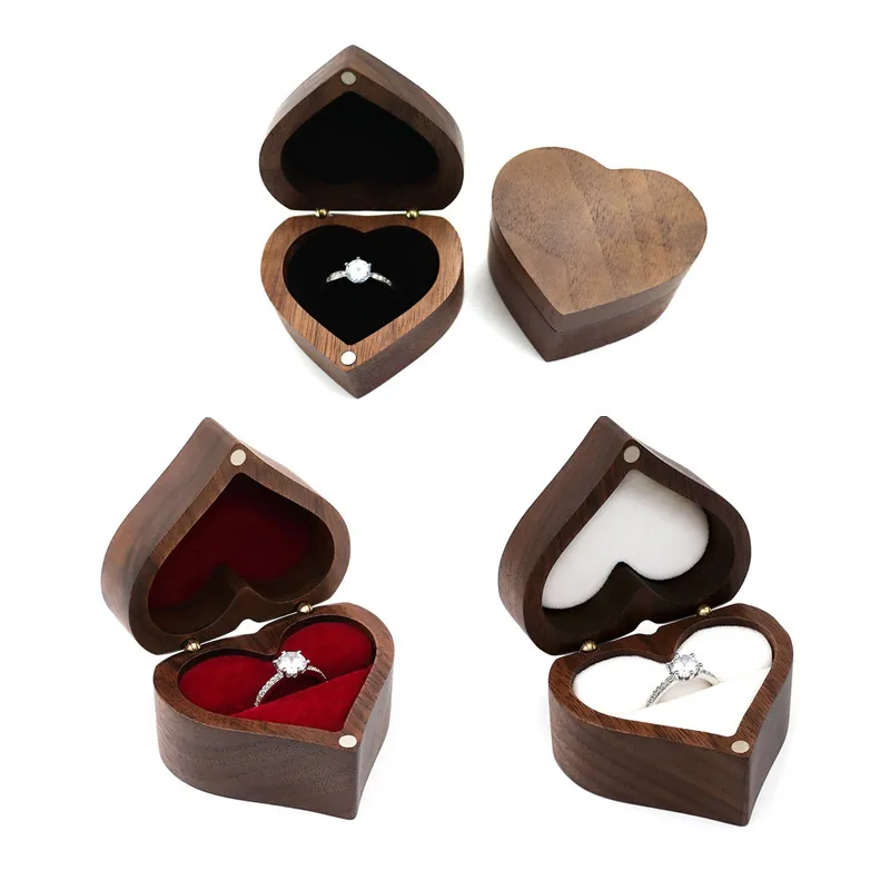 

Wedding Love Ring Box Walnut Ring Storage Packaging Gift Box Heart-shaped Wooden Box Ear Stud Earrings Jewelry Box