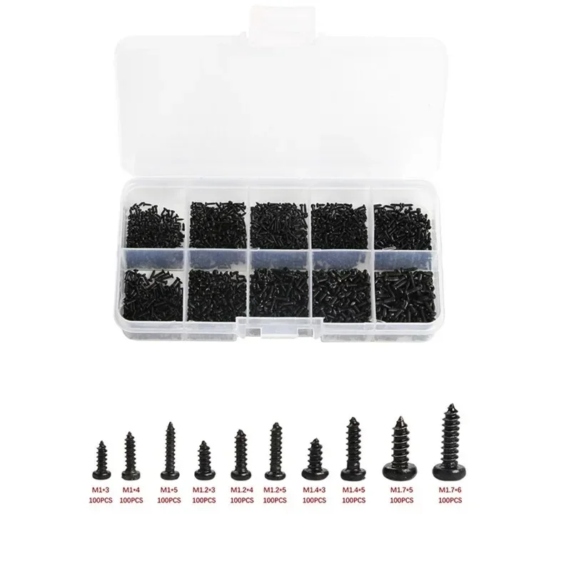 1000pcs 셀프 태핑 나사 PA M1 M2 M1.4 M1.7 소형 필립스 팬 헤드 노트북 나사 컴퓨터 나사 검정색