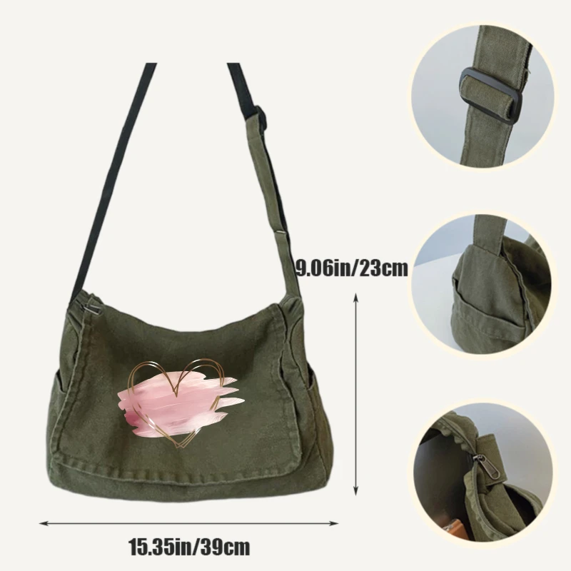 Casual Women's Shoulder Bag Canvas Heart Print Large Capacity for Daily Use Crossbody Messenger Bag