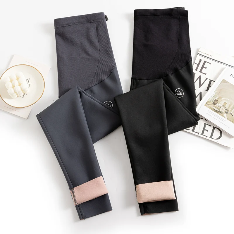 Autumn Winter Maternity Legging Thick Warm Plus Velvet Nylon Belly Pencil Pants for Pregnant Women Sports Yoga Pregnancy