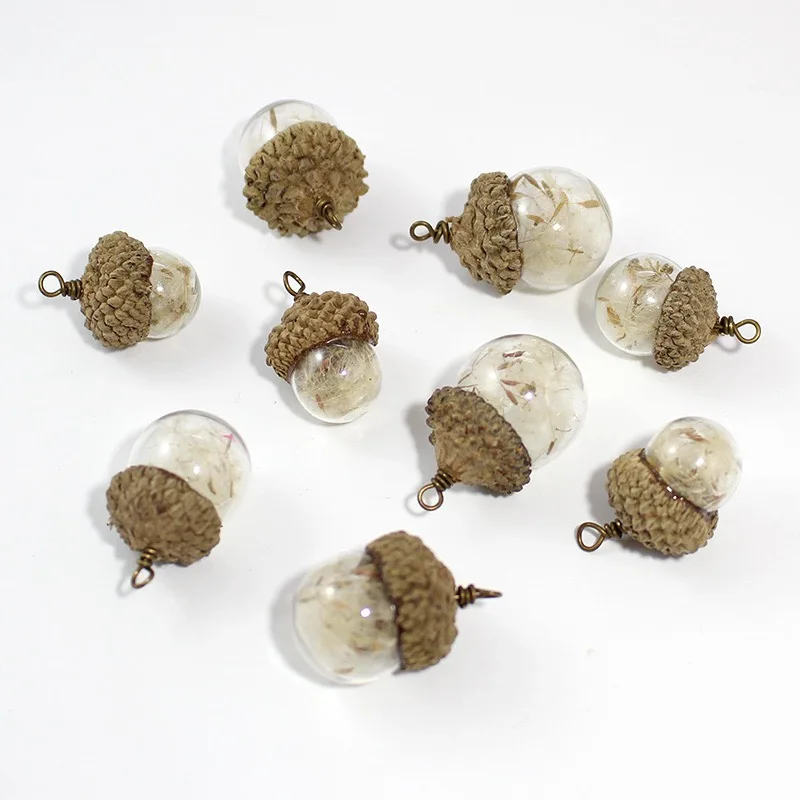 1/2X 14/16/18/20/25MM DIY Glass Vial Pendant With Natural Acorn Cap Glass Wish Bottle Necklace Perfume Lucky Jewelry Accessories
