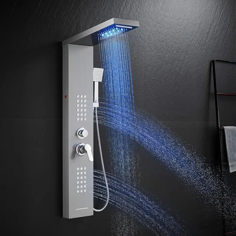 ROVATE LED Shower Panel Tower System Brushed Stainless Steel, Rainfall Waterfall Shower Tower with Jets and Handheld