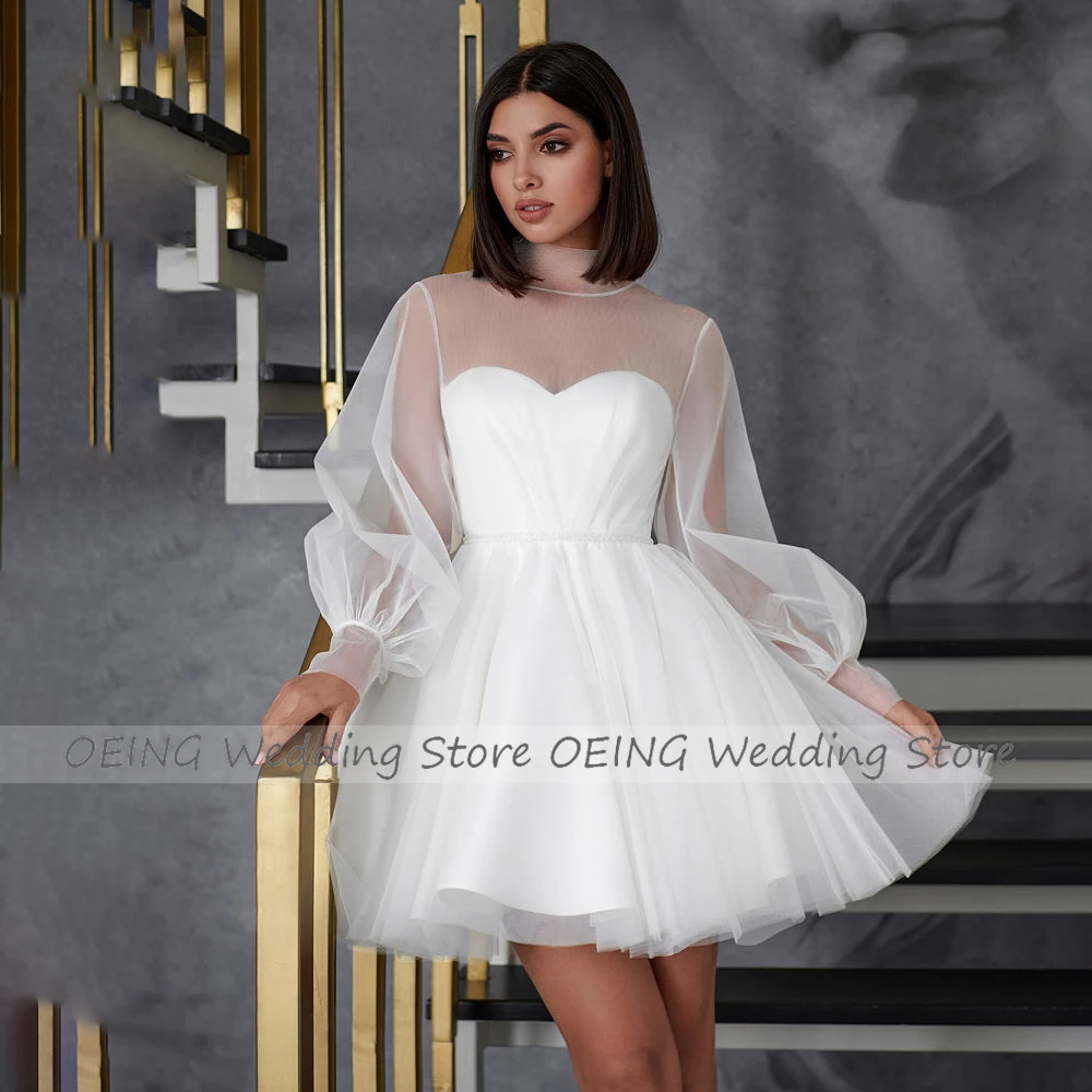 Abiti da sposa per le donne 2023 sposa una linea abito da sposa corto maniche A sbuffo Illusion collo alto Sweetie abito da sposa bianco - immagine 6