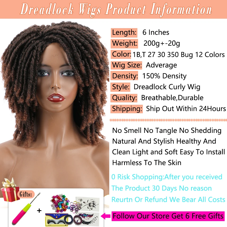 Dreadlock Wig Short Curly Braided Twist Dreadlock Wigs with Clips In Synthetic Faux Locs Braided Wigs Full Hair Replacement
