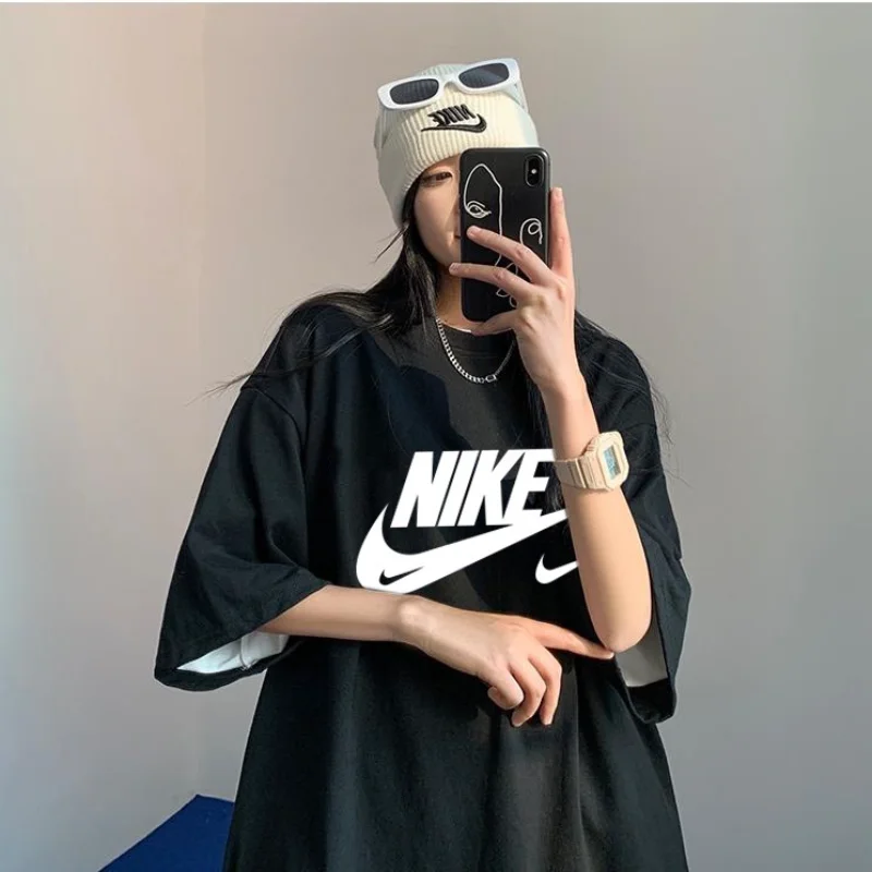 Nike Black White Spring Summer Men Women Short Sleeve T-shirts Breathable Loose Cotton Sports Casual Couples Tops Sportswear