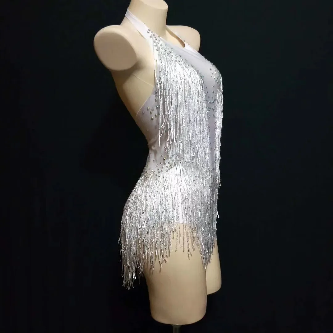 Dance dress Rhinestones dress latin women bodysuit singer white sparkly rhinestone tassel leotard nightclub jumpsuit dance DS show stage wear stretch outfit