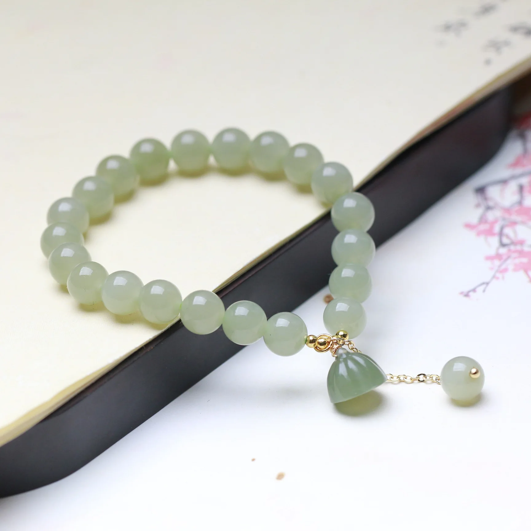 

Hetian Jade Bracelet Single Ring 8mm Round Bead Women With Lotus Pendant Simple Charm Fashion Girlfriend DIY Gift Wholesale