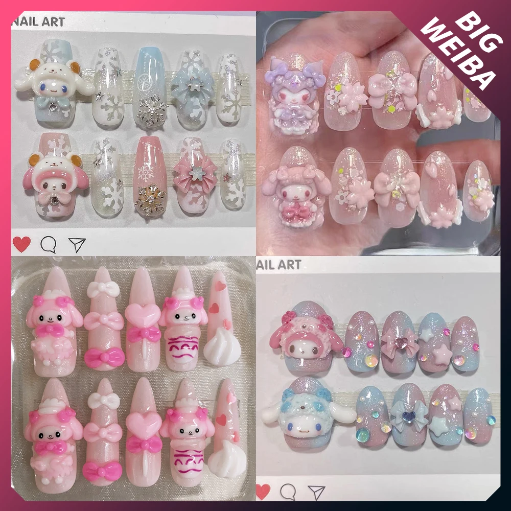 

Japan Cute 3D Doll Almond Press On Nails Cinnamoroll Mymelody Kuromi Kawaii Sakura Lace Handwork Customizationnails Sticker