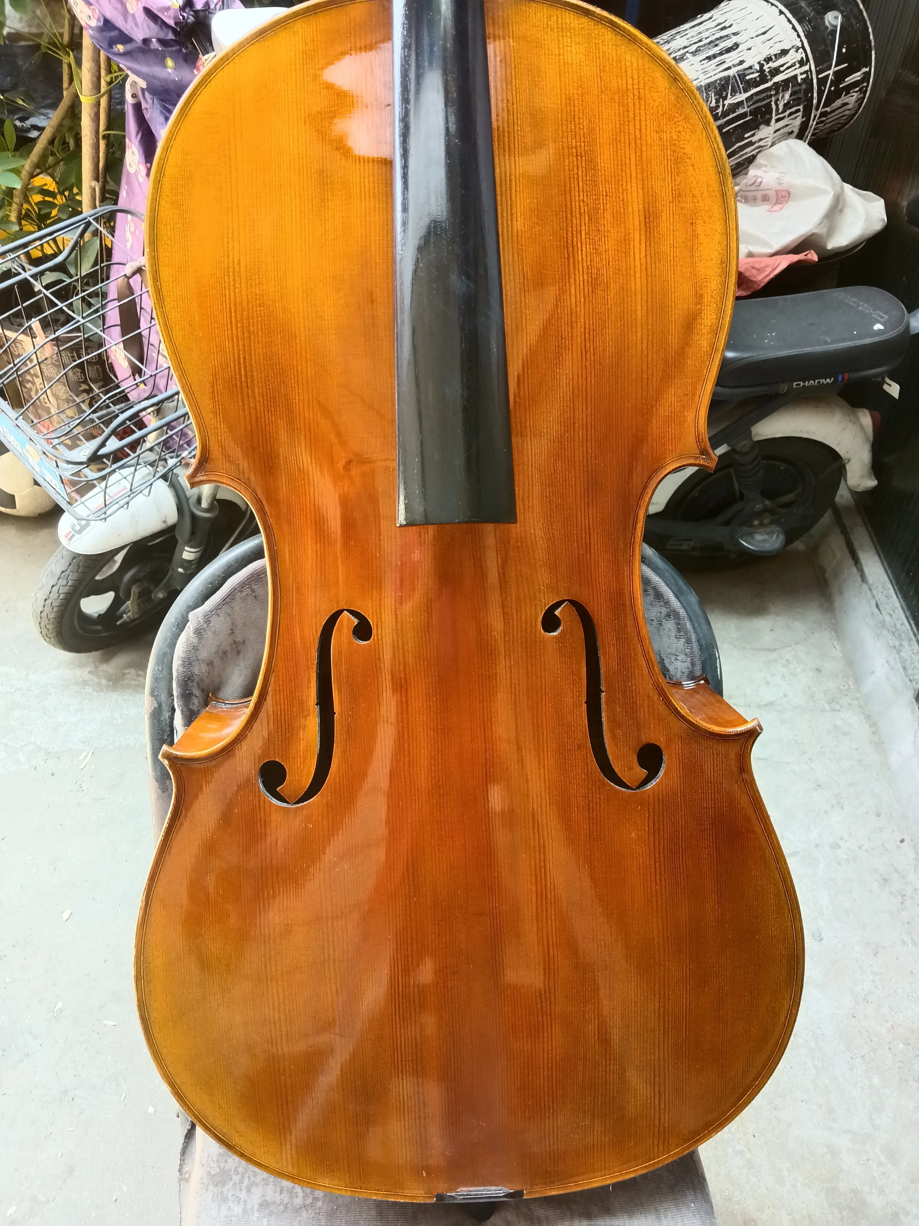 Hand made cello 7/8 solid wood flame maple back ribs and neck spruce top SONG Brand with bag bow and rosin