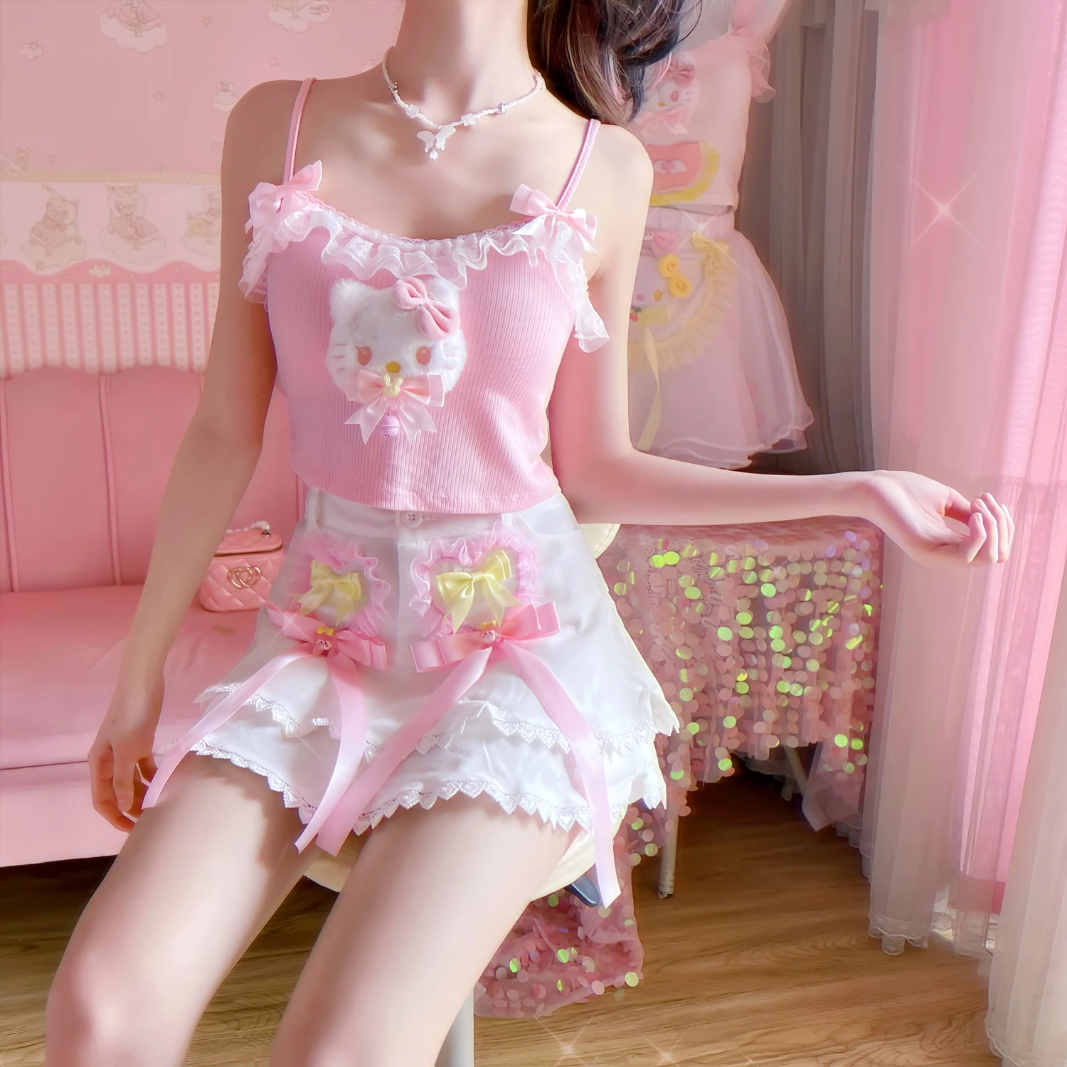 Summer Sweet Lolita Style Lace Ruffles Cartoon Bow Mini Skirt Women Cute Kawaii Party Short Skirts Girls A-Line Tiered Skirt