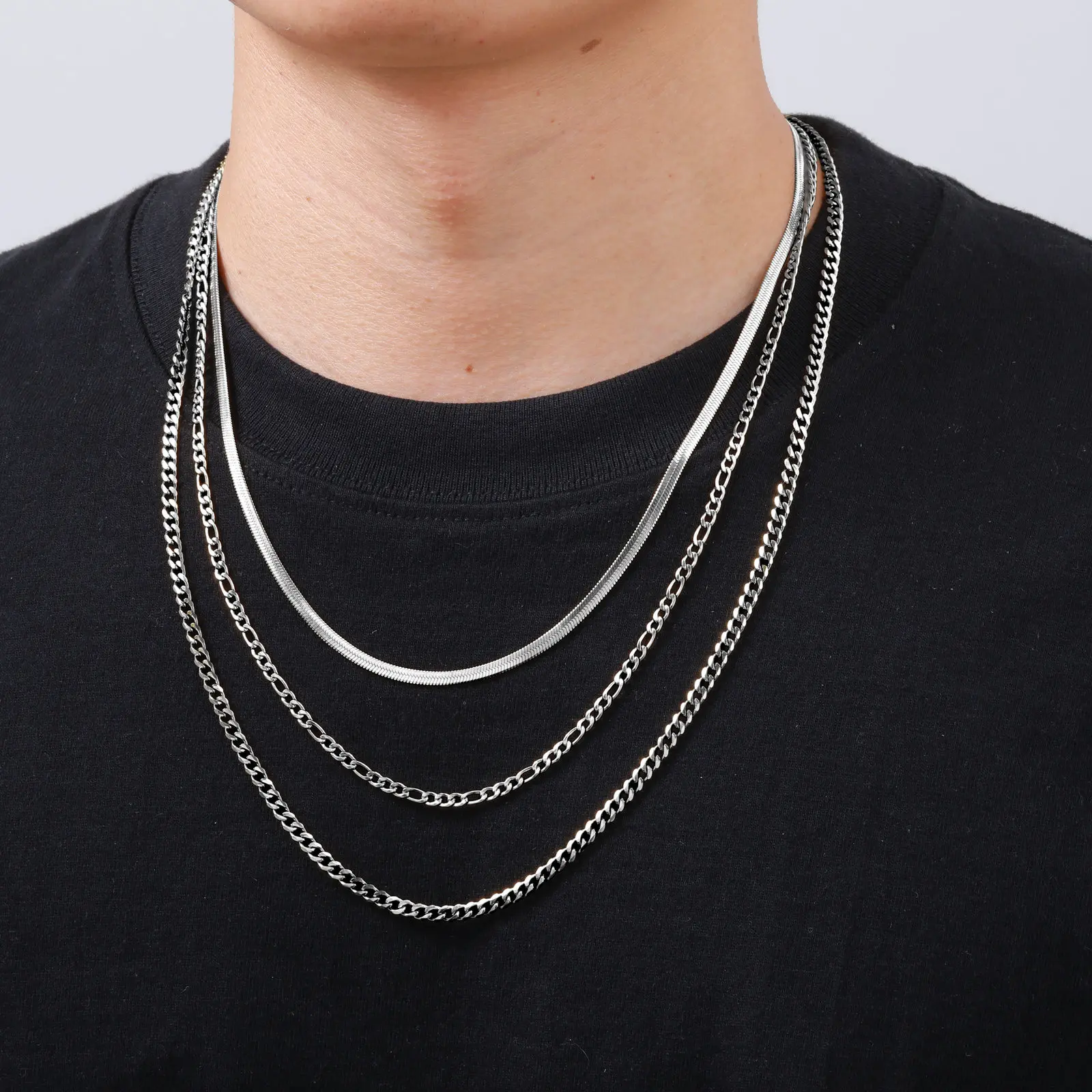Vnox 50/55/60cm Ketten-Halsketten-Set, Silber-Gold-Farbener Edelstahl-Basis-Halsreif, 3-teiliges Set Halsketten-Schmuck Geschenk für Männer und Frauen – Detail 3