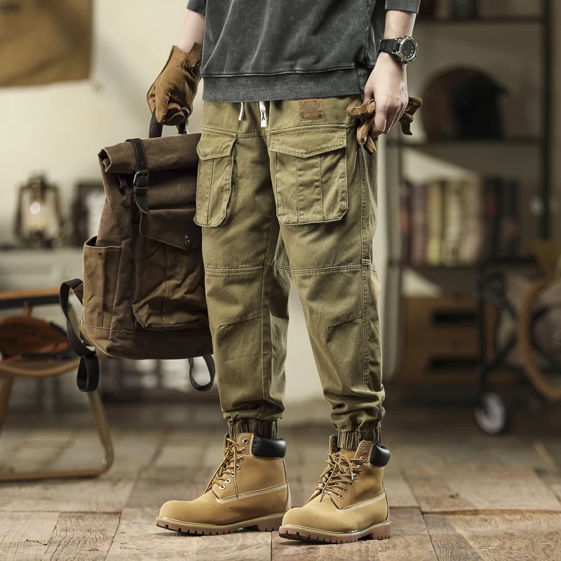 Loose Fit Men\'s Cargo Pants with Multiple Pockets, Autumn Tapered Jogger Trousers in Military Green