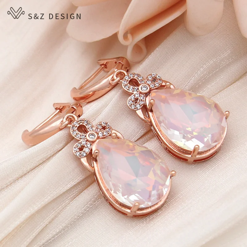 S&Z DESIGN New Fashion 585 Rose Gold Color Water Drop Crystal Dangle Earrings For Women Wedding Cubic Zirconia Eardrop Jewelry