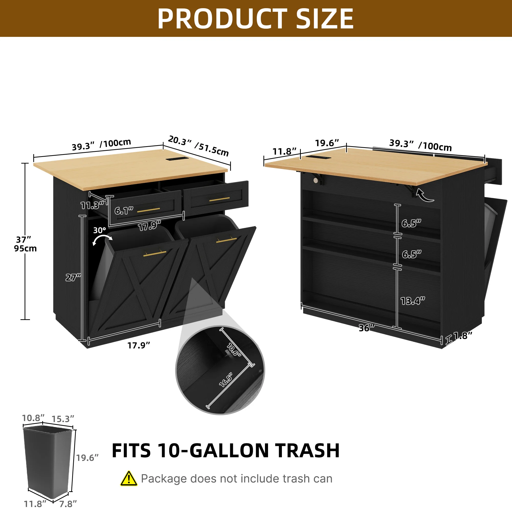 Double Tilt Out Trash Cabinet 10 Gallon with Drop Leaf & Power Outlet, Rolling Kitchen Island Trash