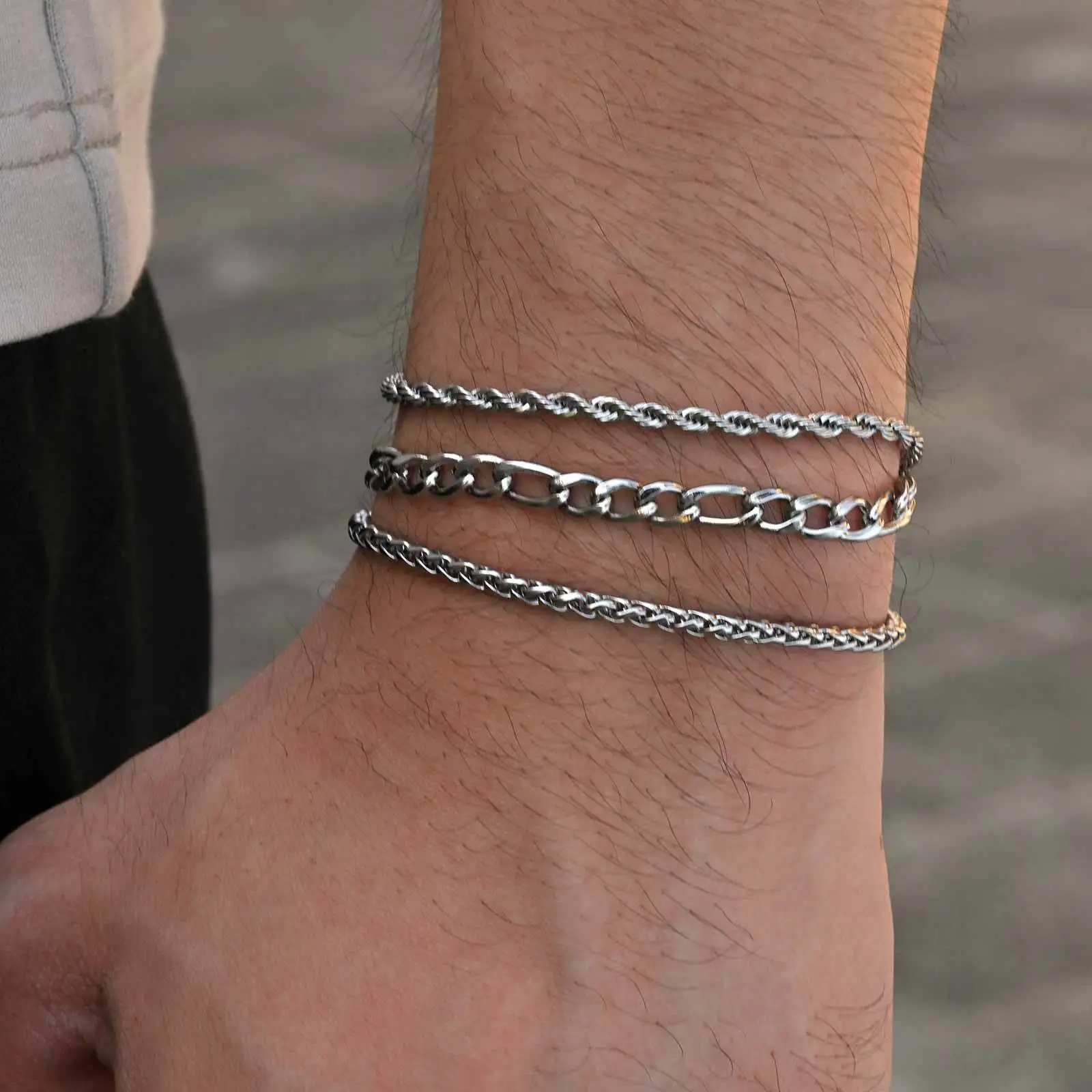 3pcs Silver Color Men's Bracelet,Waterproof Stainless Steel Wheat Chain Bracelet,Simple Casual Jewelry Gift