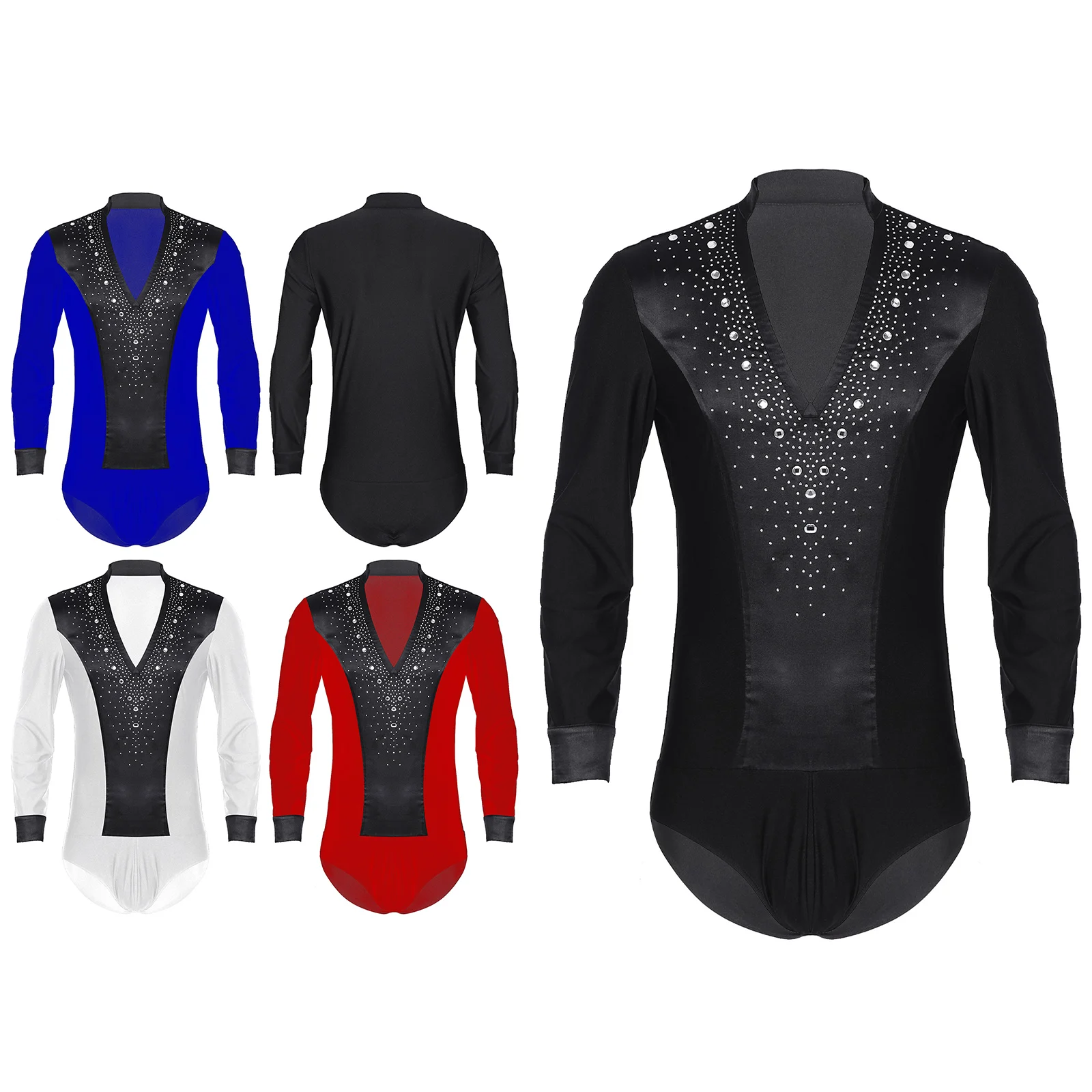 Dance Shirts Men's Shiny Rhinestone V Neck Latin Dance Leotard Modern Jazz Rumba Chacha Ballroom Shirts Suit Competition Uniform