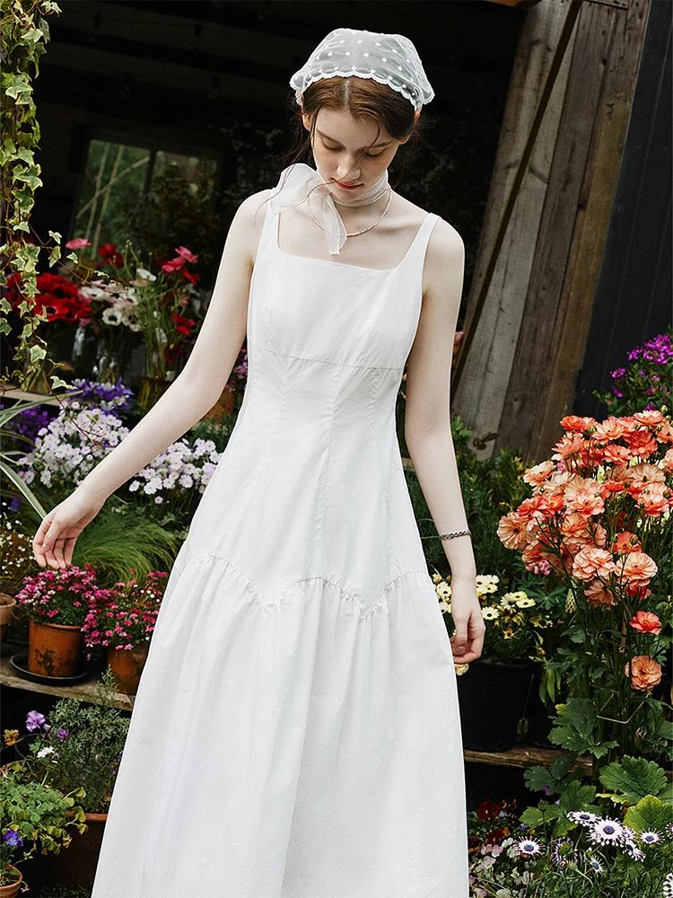 

FSLE French White Suspender Long Dress 100% Cotton 2024 Summer New Loose Temperament Ankle-Length Female Dresses 24FS12048