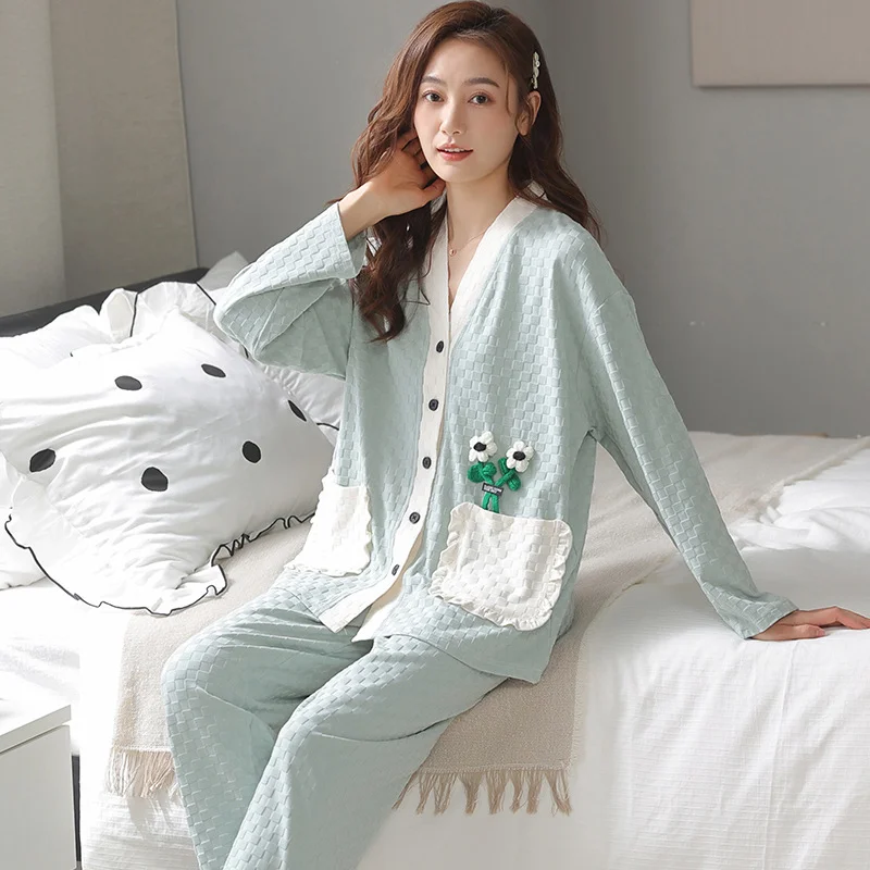 Frühlingspyjama-Set für Damen mit langen Ärmeln und Hosen, süße Strickjacke aus Baumwolle, Herbst- und Winterkleidung für zu Hause, kann getragen werden_voghion.com
