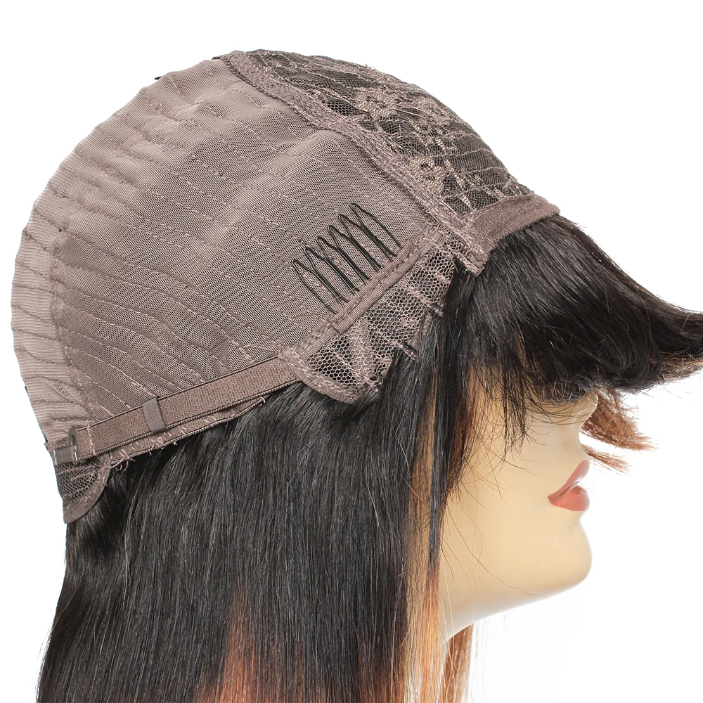 30 Human Hair Wigs with Bang Ombre Ginger Brown Straight Wear go Machine Made Wig with Neat Fringe for Women Full Wig Bobbi 1B