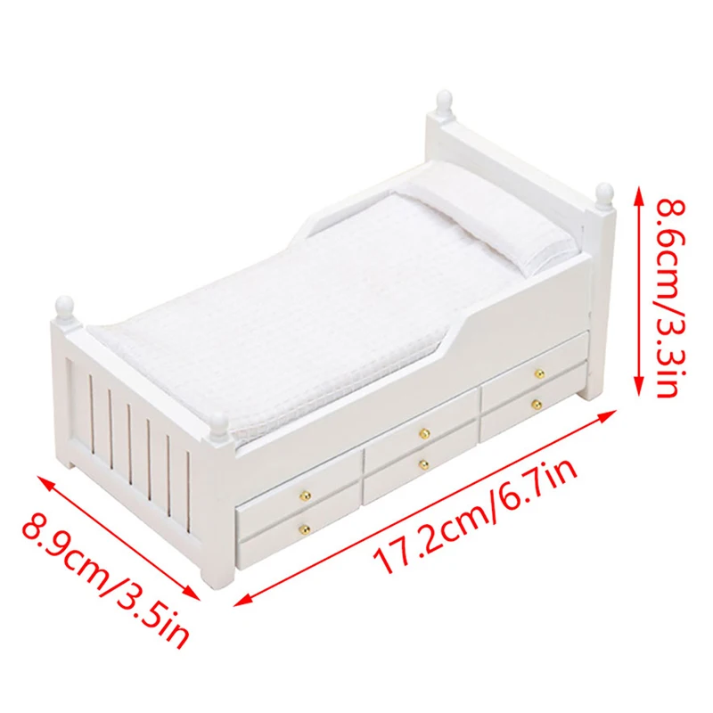 1:12 Dollhouse Miniature Bed White European Single Bed With Drawer Bedroom Furniture Model Decor Toy Doll House Accessories