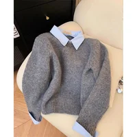 وهمية اثنين من القمصان طوق سترة المرأة الخريف الزي جديد كسول Linterior المتناقضة اللون رمادي متماسكة سترة مع الوجه طوق 4