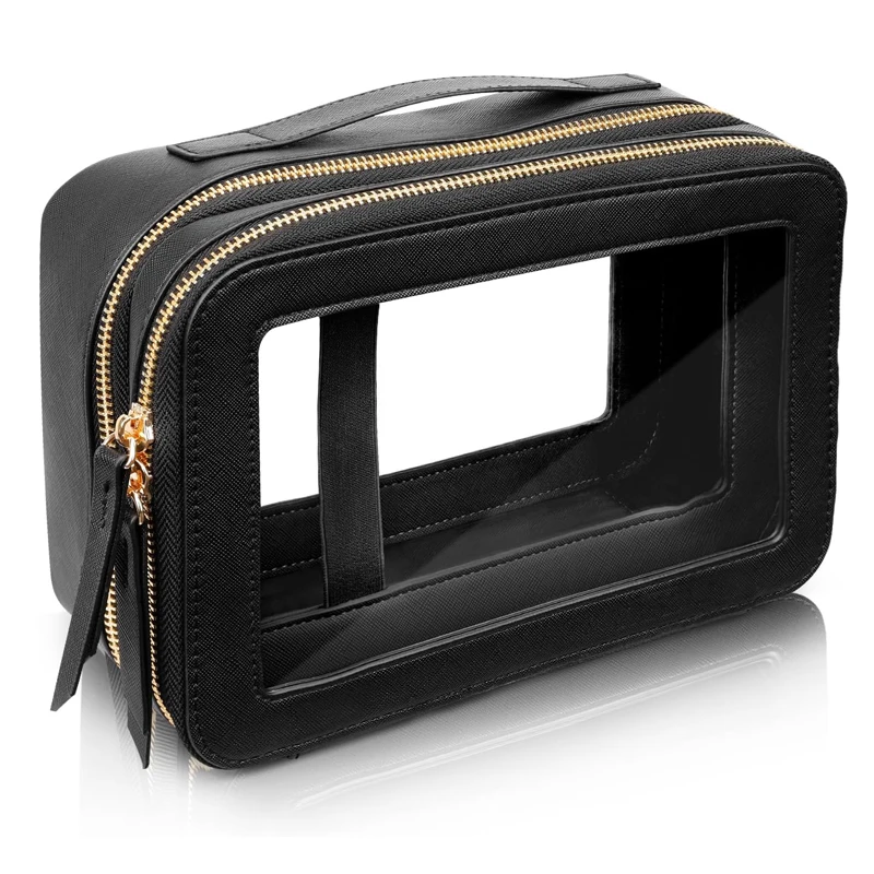 

Clear Double Sided Cosmetics Bag Gold Zipper PU Saffiano Leather Transparent Makeup Organizer Toiletry Bag For Travel Gym