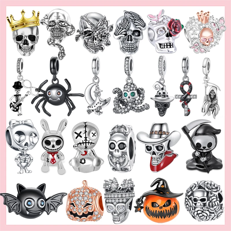 Gothic Theme 925 Sterling Silver Charms Halloween Skull Skeleton Beads Fit Original Charm Bracelet Necklace Jewelry Making
