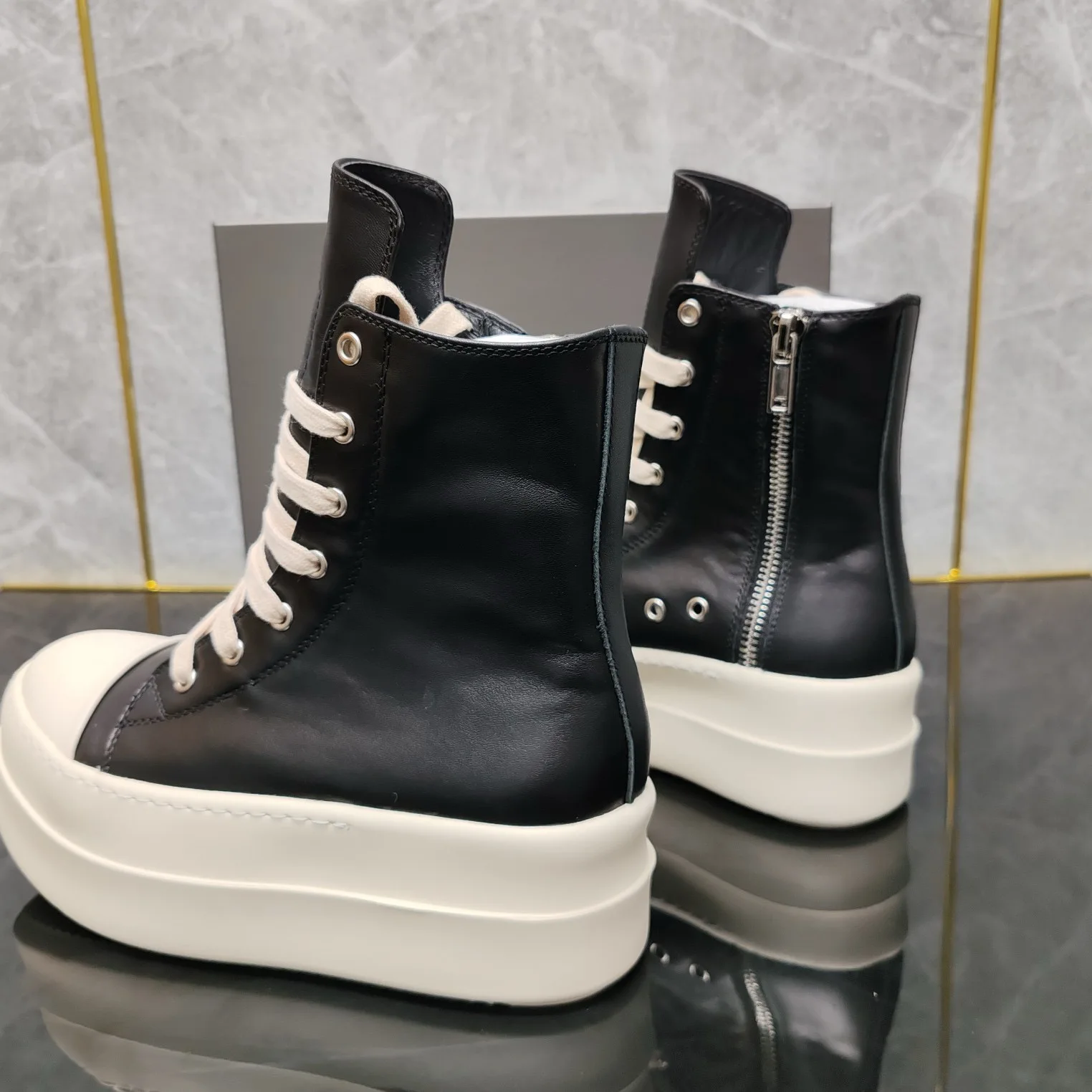 Ricks shoes niche shoes black zipper high-top Joker casual increase leather thick soleplate shoes