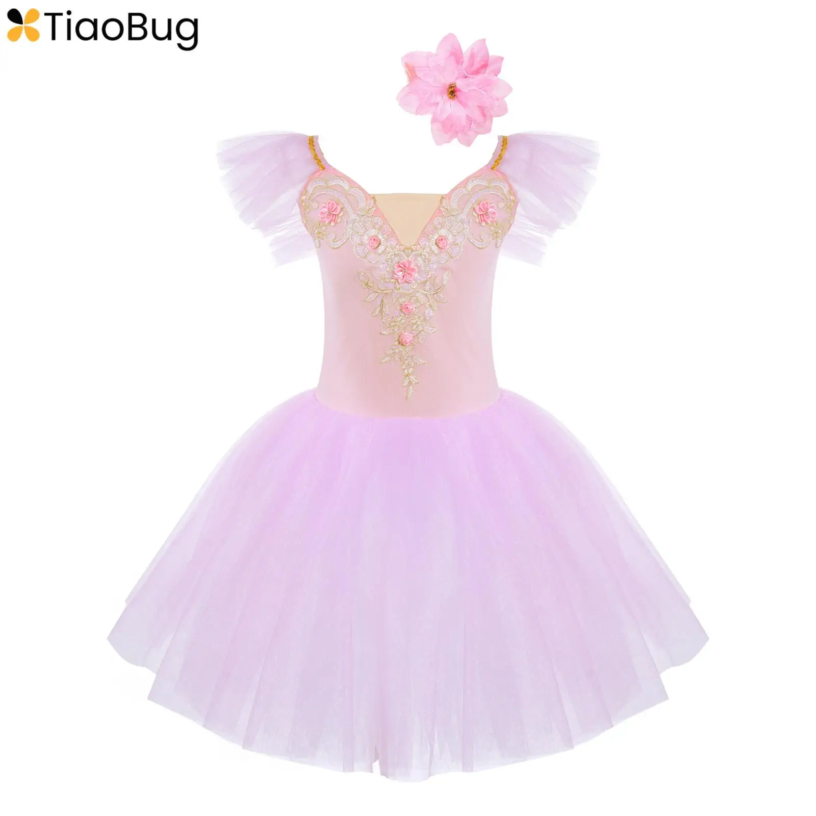 

Kids Girls Swan Lake Ballet Dance Dress Ruffle Sleeve Tutu Skirted Leotards Ballerina Performance Costume Carnival and Headdress