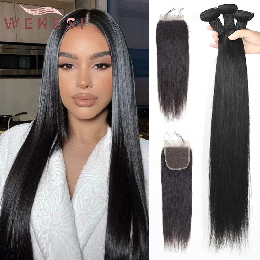 

10A Bone Straight Brazilian Human Hair Bundles With 4x4 Lace Closure 30Inch Raw Hair Weave Natural Color Virgin Cheap Hair