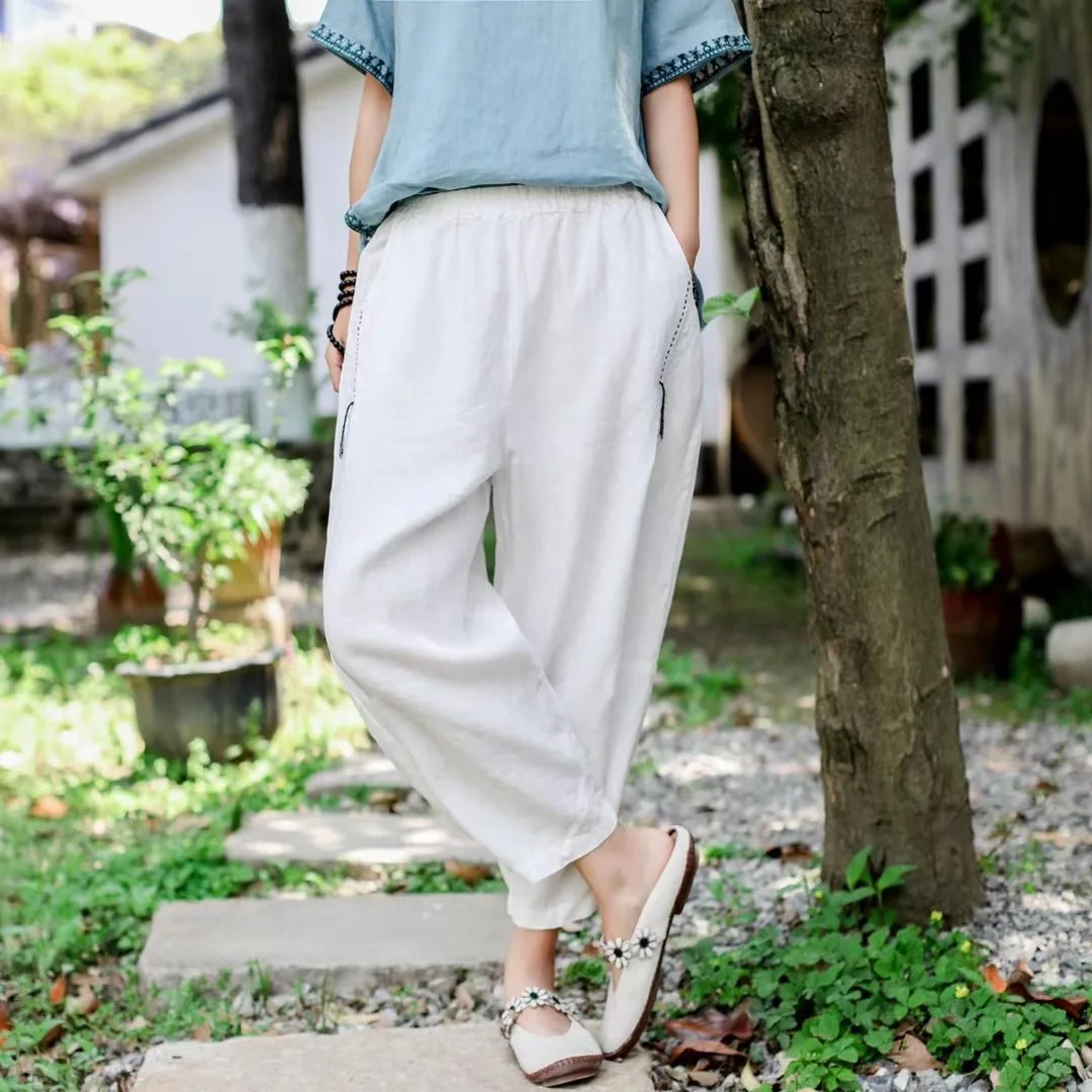 Women Linen Pants Ladies Elastic Waist Flax Pants Female Solid Color Embroidered Linen Trousers Summer Calf Length Pants FT91 denim capris Pants & Capris