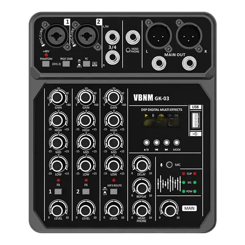 ABJF-USB/MP3 플레이어 호환 4채널 오디오 믹서 스튜디오 사운드 믹서 블루투스 DJ 콘솔 48V 팬텀 파워 (노래방용)