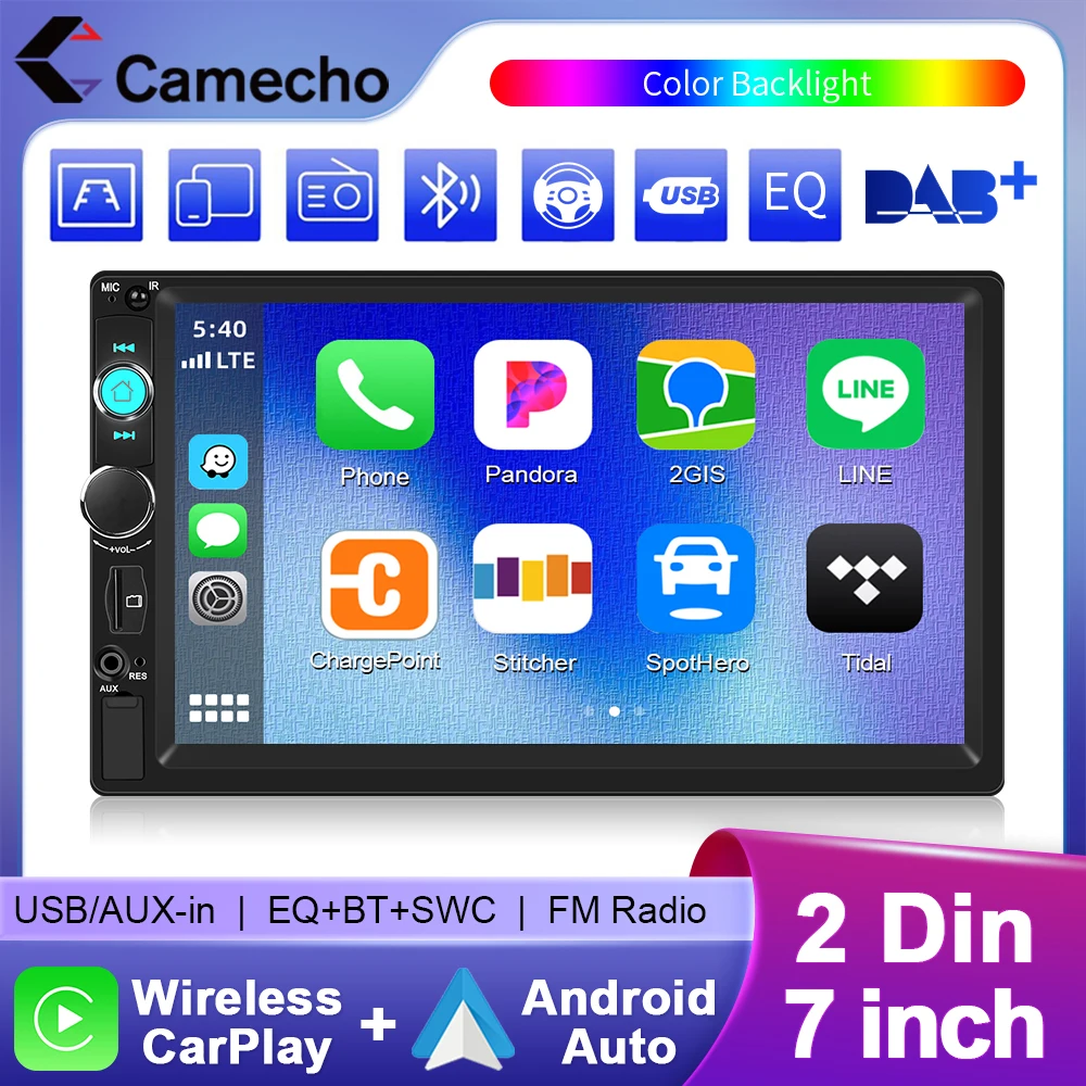 Camecho 2 Din Car Radio 7" HD Screen Autoradio Multimedia Universal Car Stereo MP5 Player Wireless CarPlay Android Auto FM DAB