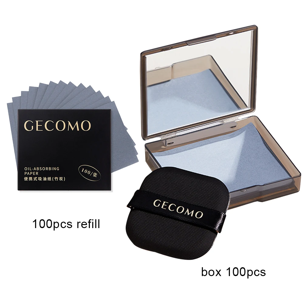 Oil Control Paper 100 Sheets Case & Powder Puff Face Blotting Paper Bamboo Charcoal Face Oil Blotting Sheets Men Women