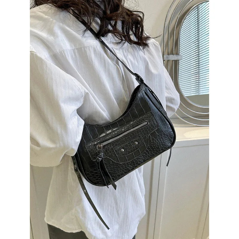 

Fashion Spice Girl Zipper Crossbody Bag Simple Solid Texture Stone Pattern Shoulder Bags Niche Design Sense French Commuter Pack