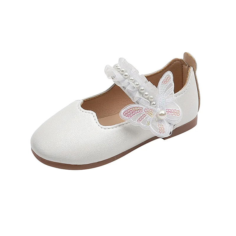 Girls Leather Lace Pearl Ballet Flat Shoes for Wedding Party