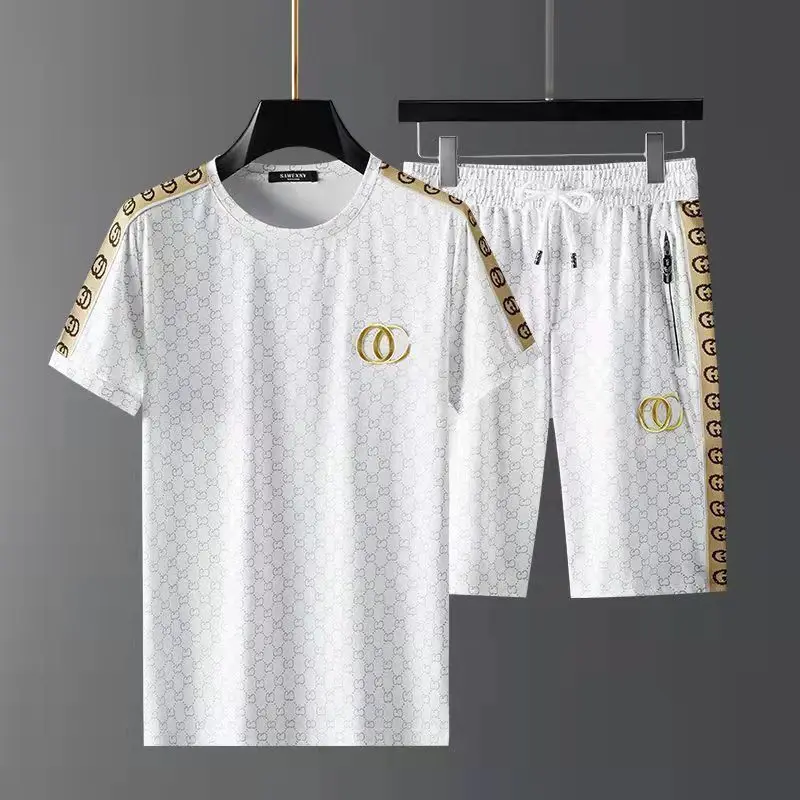 

High end ice silk casual sportswear, men's fashion brand embroidery, summer men's thin short sleeved shorts, two-piece set