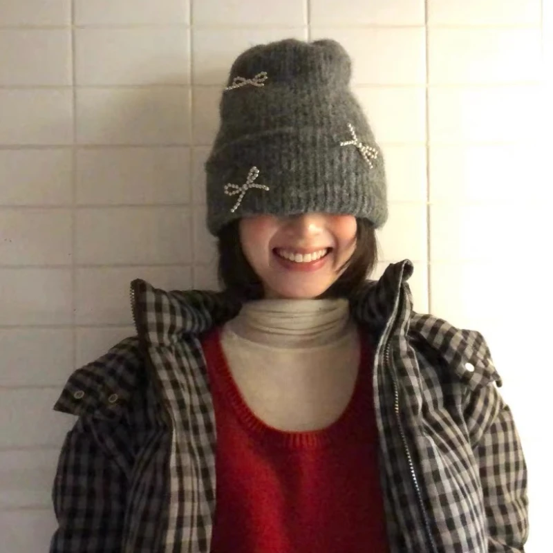 Korean Metal Bow Knitted Hat Ins Style Cute Y2K Girls' Hat Autumn and Winter Personalized Fashion Warm Ear Protection Hat 5