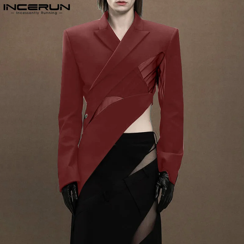 INCERUN Lapel Collar Solid Jackets Men Deconstruction Hollowing Blazer Long Sleeve Suits Mesh Splicing Elegant Simple Coats
