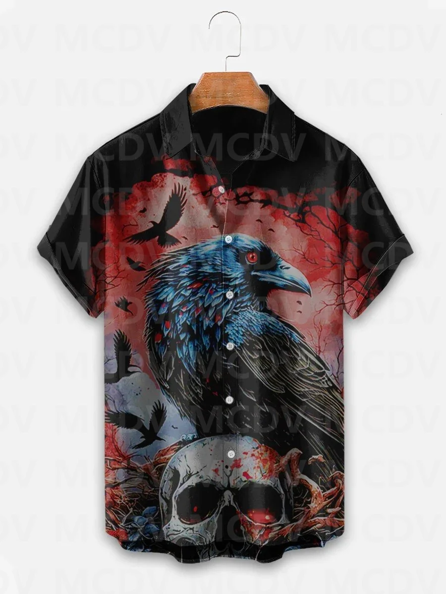 

Hawaiian Men's Retro Social Flower Shirt For Halloween Raven 3D Print Casual Short-Sleeved Blouse Camisas Casuais Mens Fashion