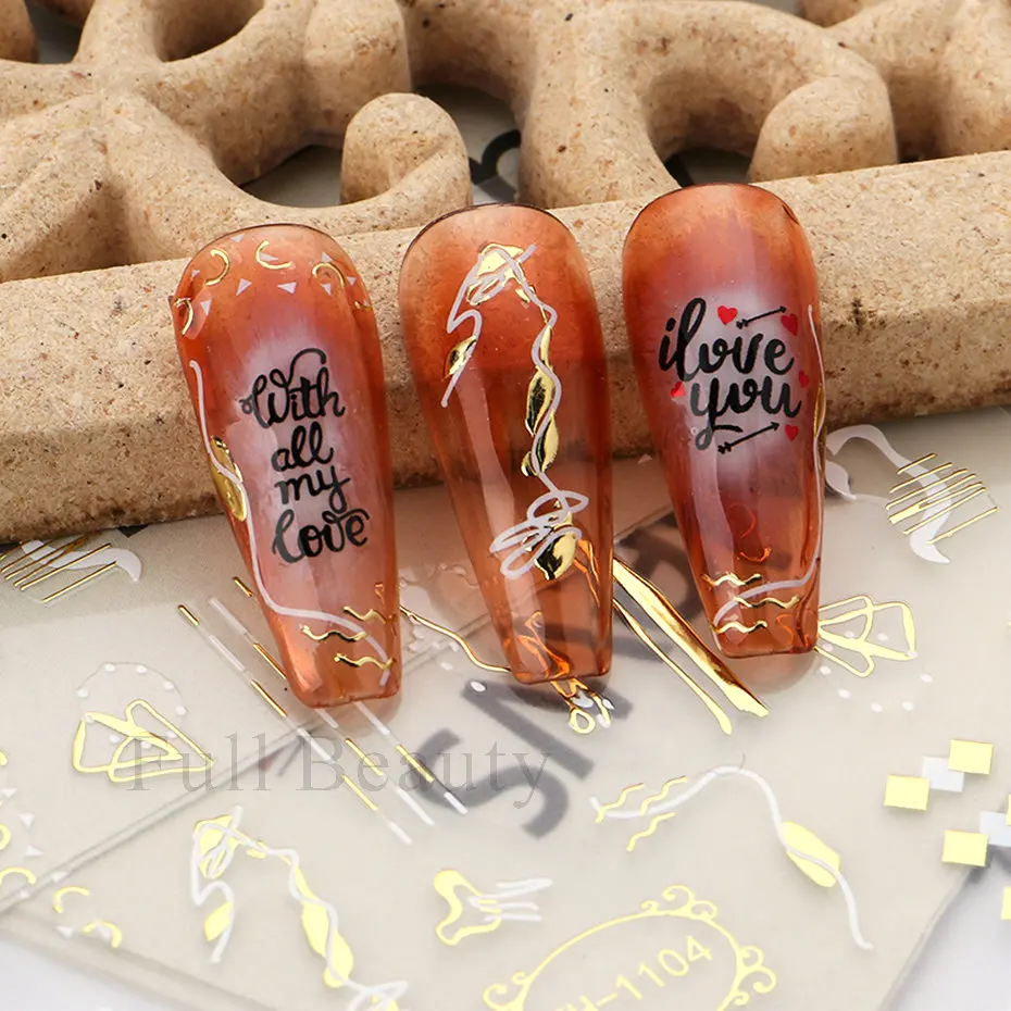 Bronzing Leaves Stickers Nail Stickers Nail Decals Nail Art Decoration for Nails Abstract Lines Painting Decals Flowers Animals Love Adhesive Sliders Decoration FBTH1105