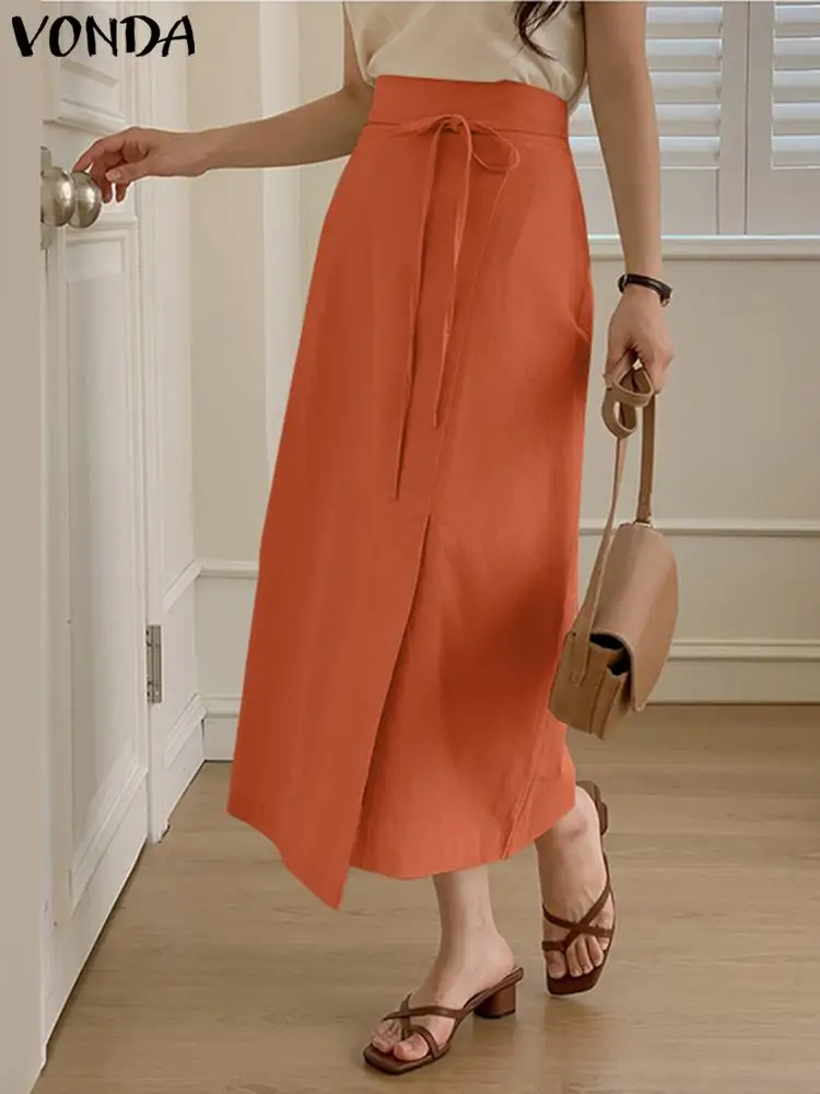 

VONDA Women High Waist Midi Skirts 2024 Summer Bandage Solid Color Casual Long Skirt Loose Elegant Fashion Bottoms Oversized