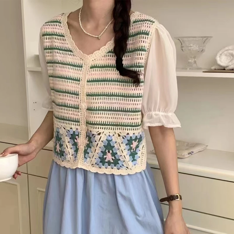 All-matching Crochet Knit Top for Women Short Sleeve T-shirt Hollow Out Blouses P8DB