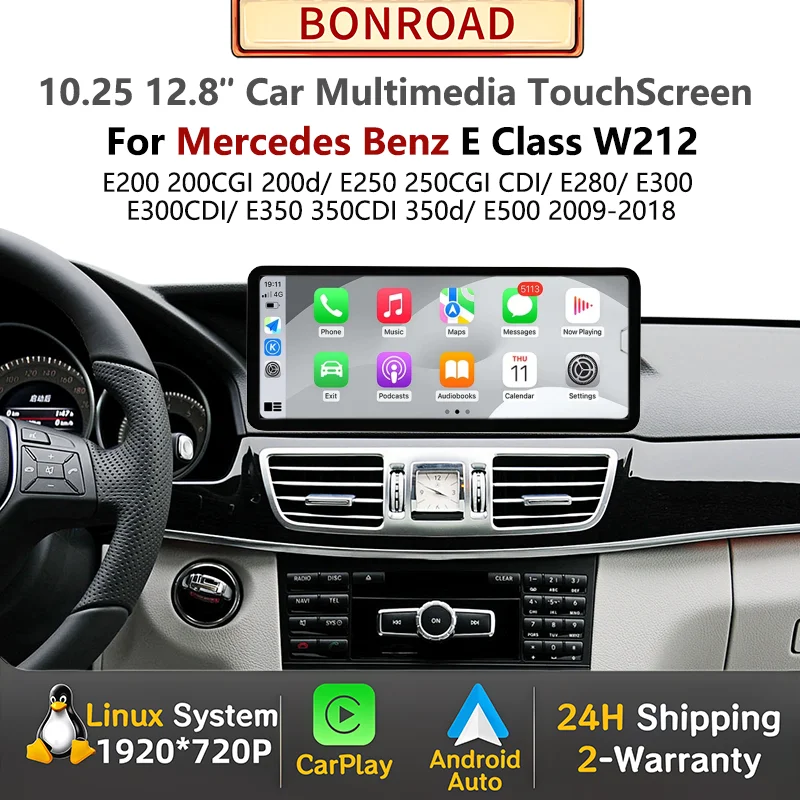 Radio para Auto Bonroad con Pantalla Táctil Inalámbrica de 12.8'' y CarPlay Android Auto para Mercedes Benz Clase E W212 S212 E200 E250 E280 E300 E350 1