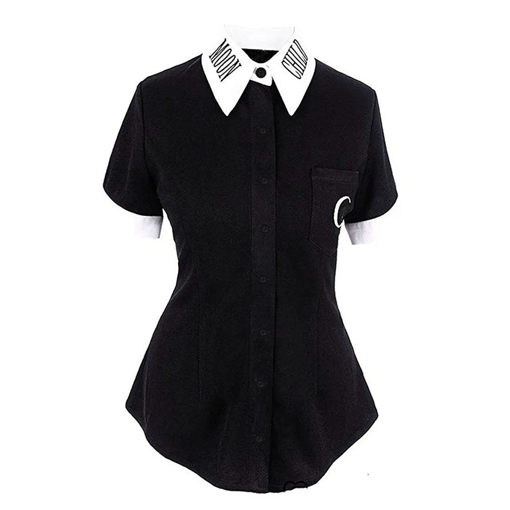 

Fashion Trend Women Shirt Moon Print Tops Gothic Punk Black V-Neck Button Turn Down Shirts Slim Fit Short Sleeve T-Shirt
